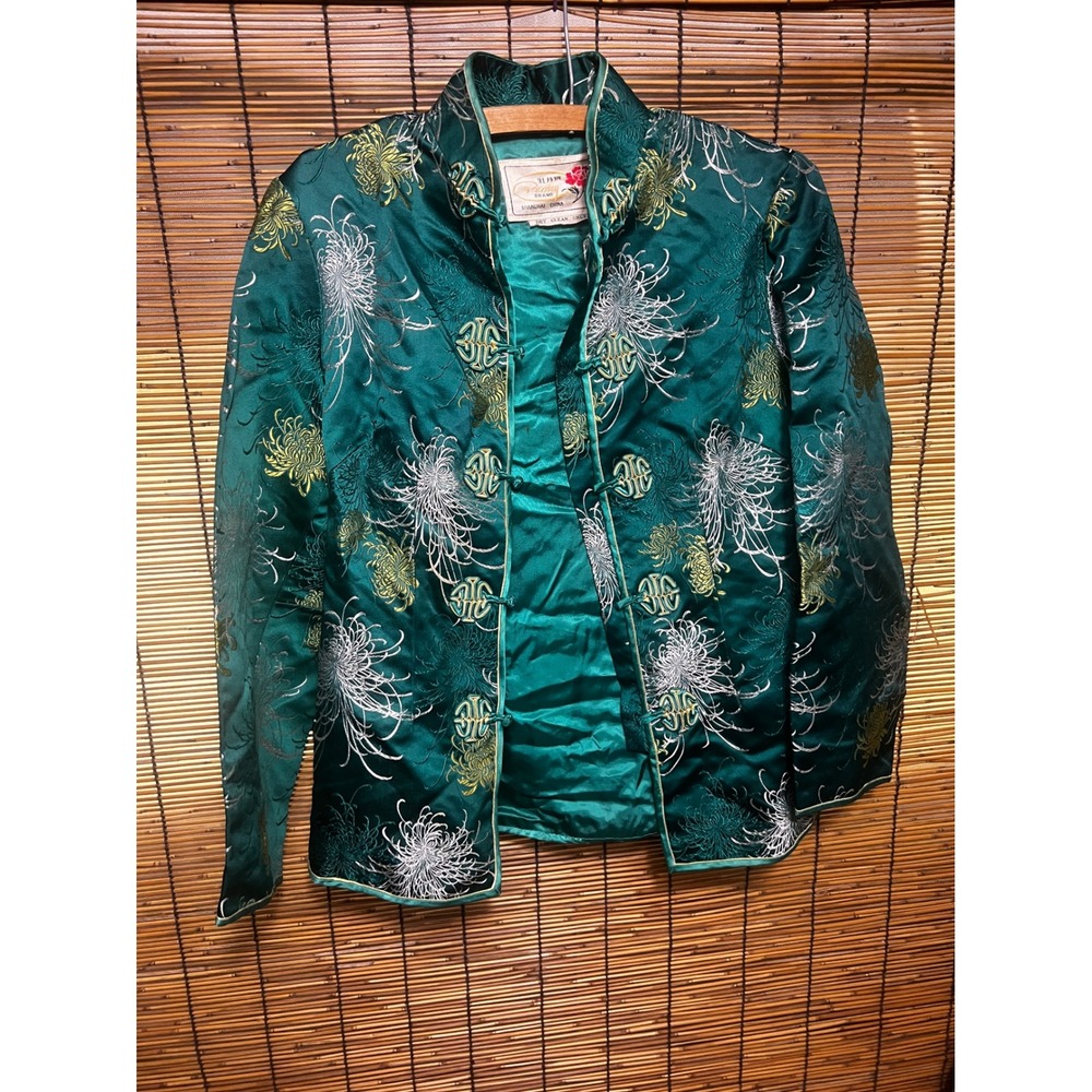 Peony Brand Size M Mandarin Collar Jacket Green Floral Brocade Satin